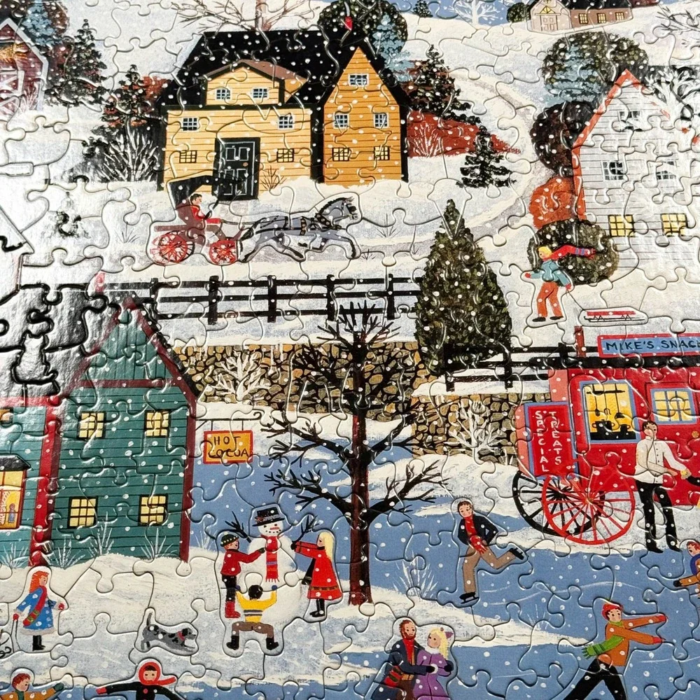 Ceaco 530 Piece Silhouette Corkboard Jigsaw Puzzle Winter Village Ice‎ Skaters